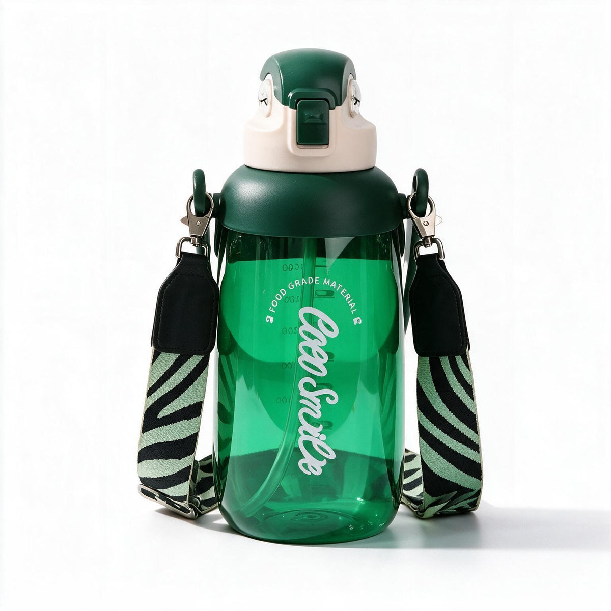 Coco Parrot 68 oz large green water bottle with straw, handle and cloth lanyard