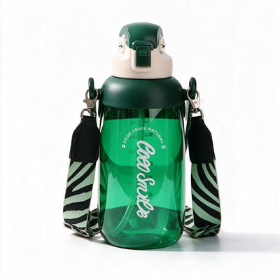 Coco Parrot 68 oz large green water bottle with straw, handle and cloth lanyard