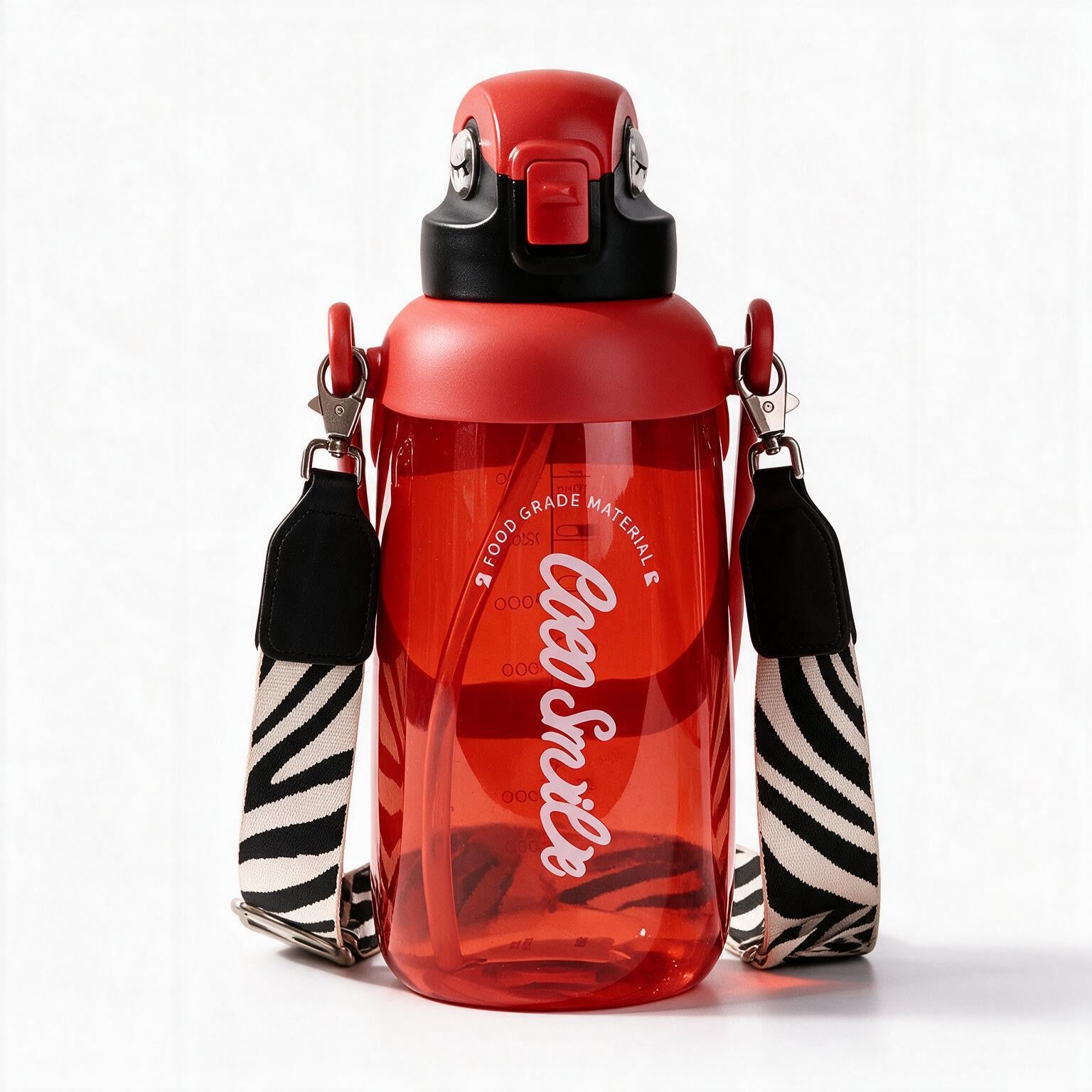 Coco Parrot 68 oz large red water bottle with straw, handle and cloth lanyard