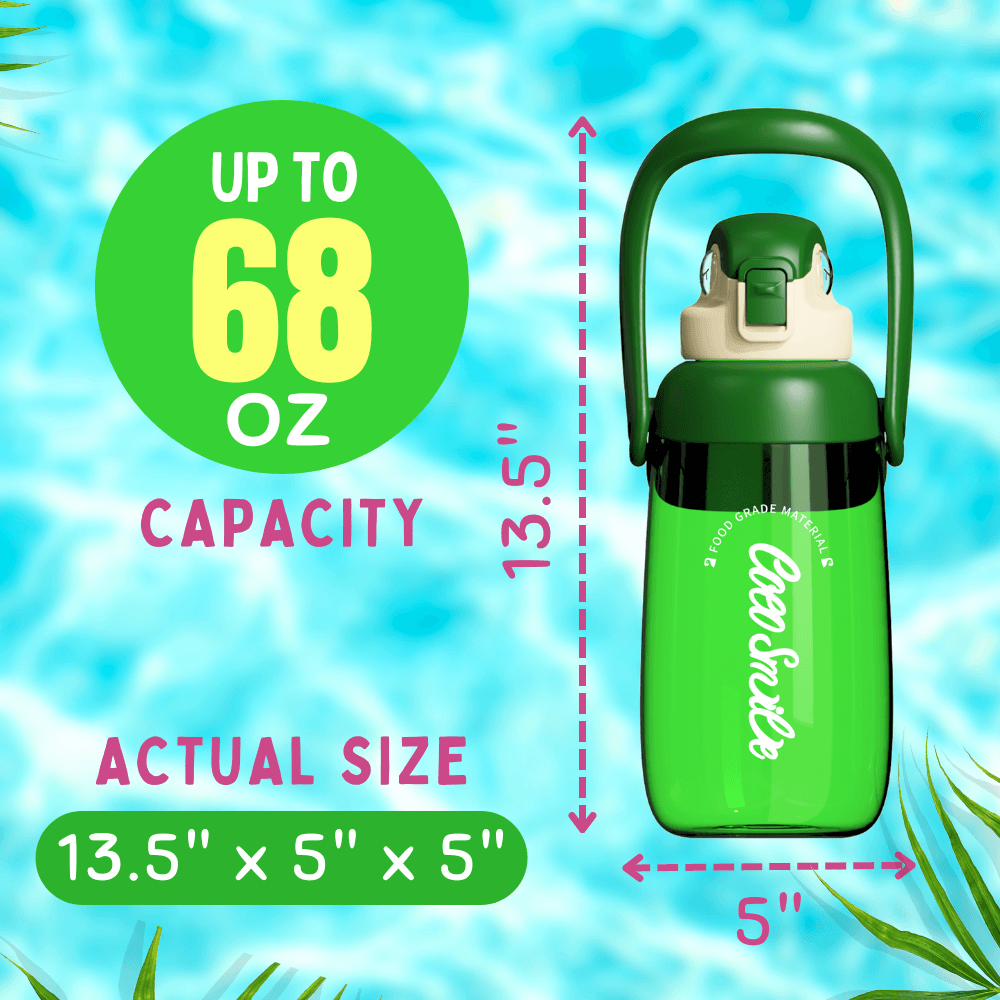 CocoCoco Parrot 68 oz large water bottle showing 13.5 x 5 x 5 inch size Parrot Lantern Cup.