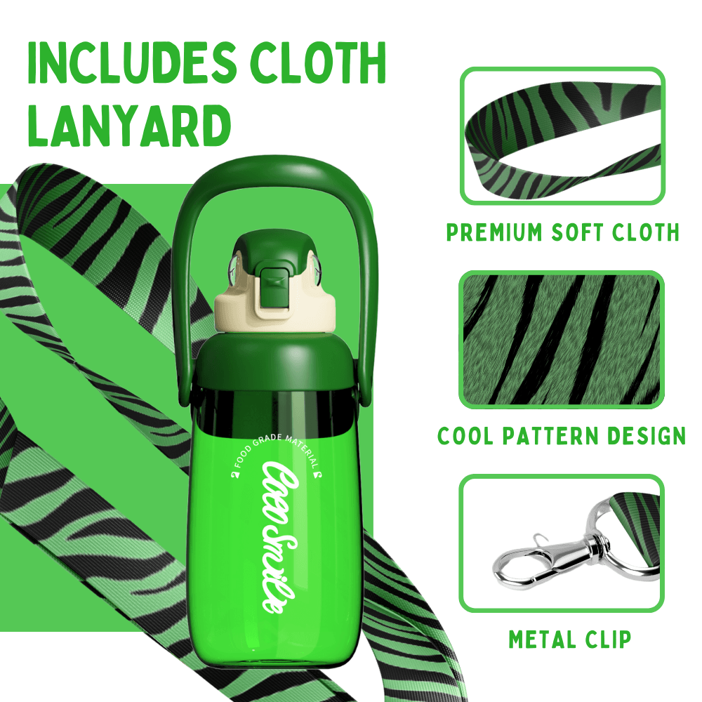 Coco Parrot water bottle with patterned cloth lanyard and metal clip