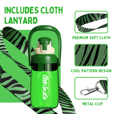 Coco Parrot water bottle with patterned cloth lanyard and metal clip