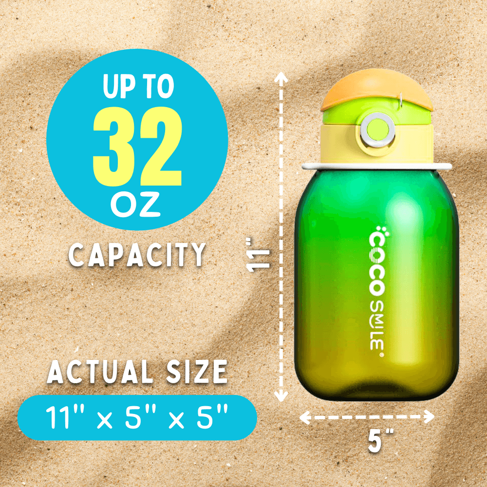 Green Coco Pearlescent water bottle showing up to 32 oz capacity and approximate dimensions