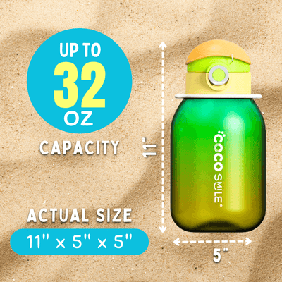 Green Coco Pearlescent water bottle showing up to 32 oz capacity and approximate dimensions