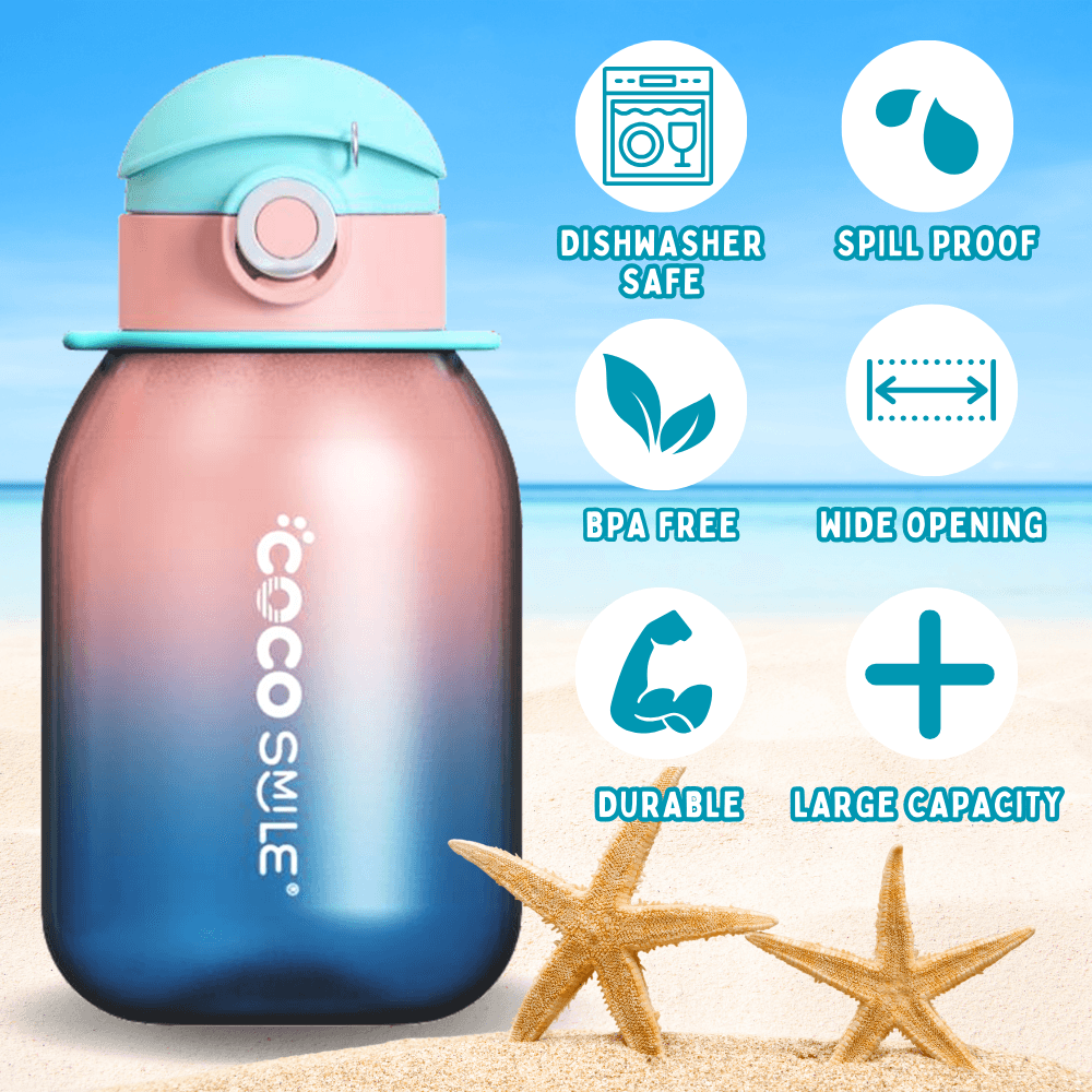 Pink and blue Coco Pearlescent water bottle showing spill-proof and drip-proof design