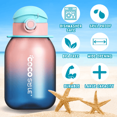 Pink and blue Coco Pearlescent water bottle showing spill-proof and drip-proof design