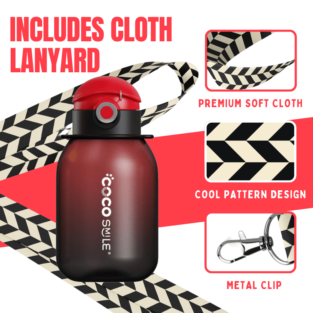Coco Pearlescent water bottle with patterned soft cloth lanyard and metal clip