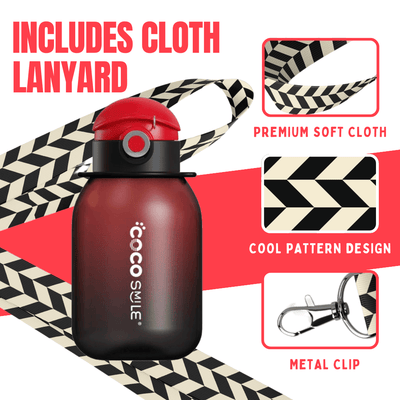 Coco Pearlescent water bottle with patterned soft cloth lanyard and metal clip