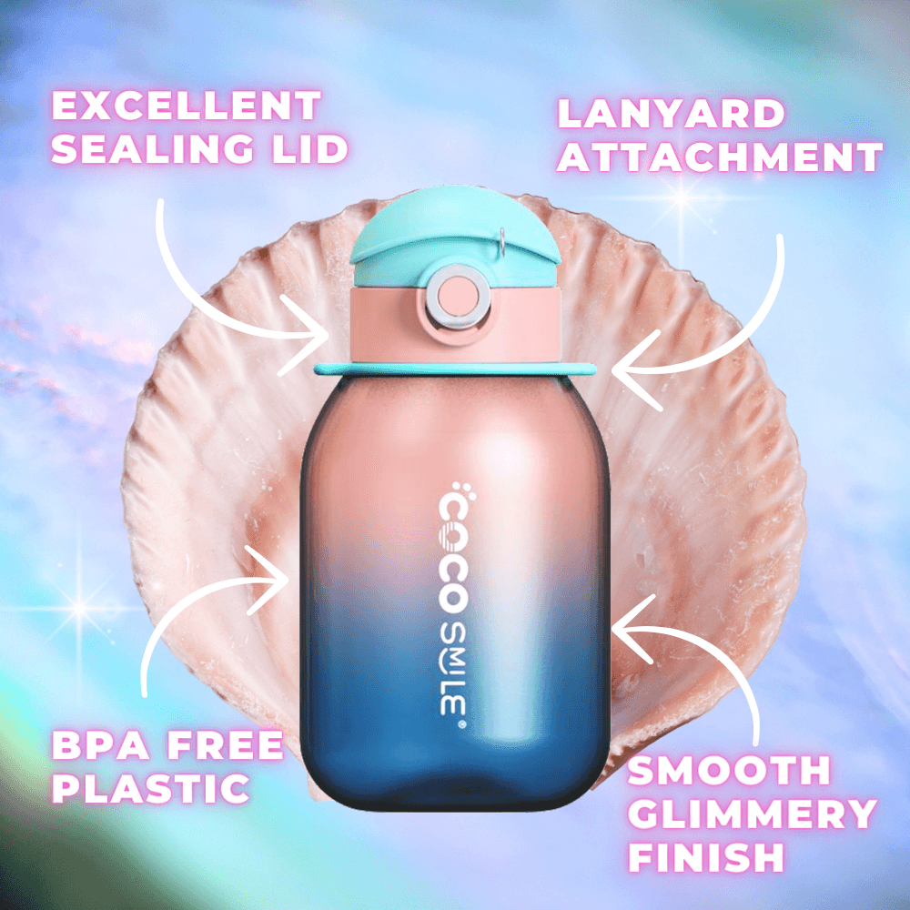 Pink and blue Coco Pearlescent bottle with sealing lid, lanyard attachment and glimmery finish