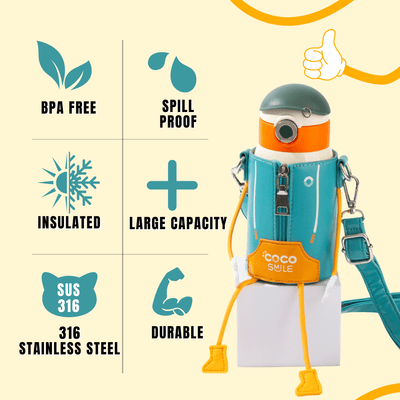 Coco Puppet Fairy kids water bottle showing 316 stainless steel, insulation and spill-proof features