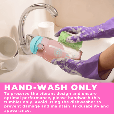 Coco Puppet Fairy water bottle being hand washed at a sink