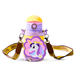 Unicorn Drinking Kids Insulated Water Bottle - Easy Open Button & Carrying Lanyard with Zipper Pouch - Stainless Steel Water Bottle for School Boys Girls