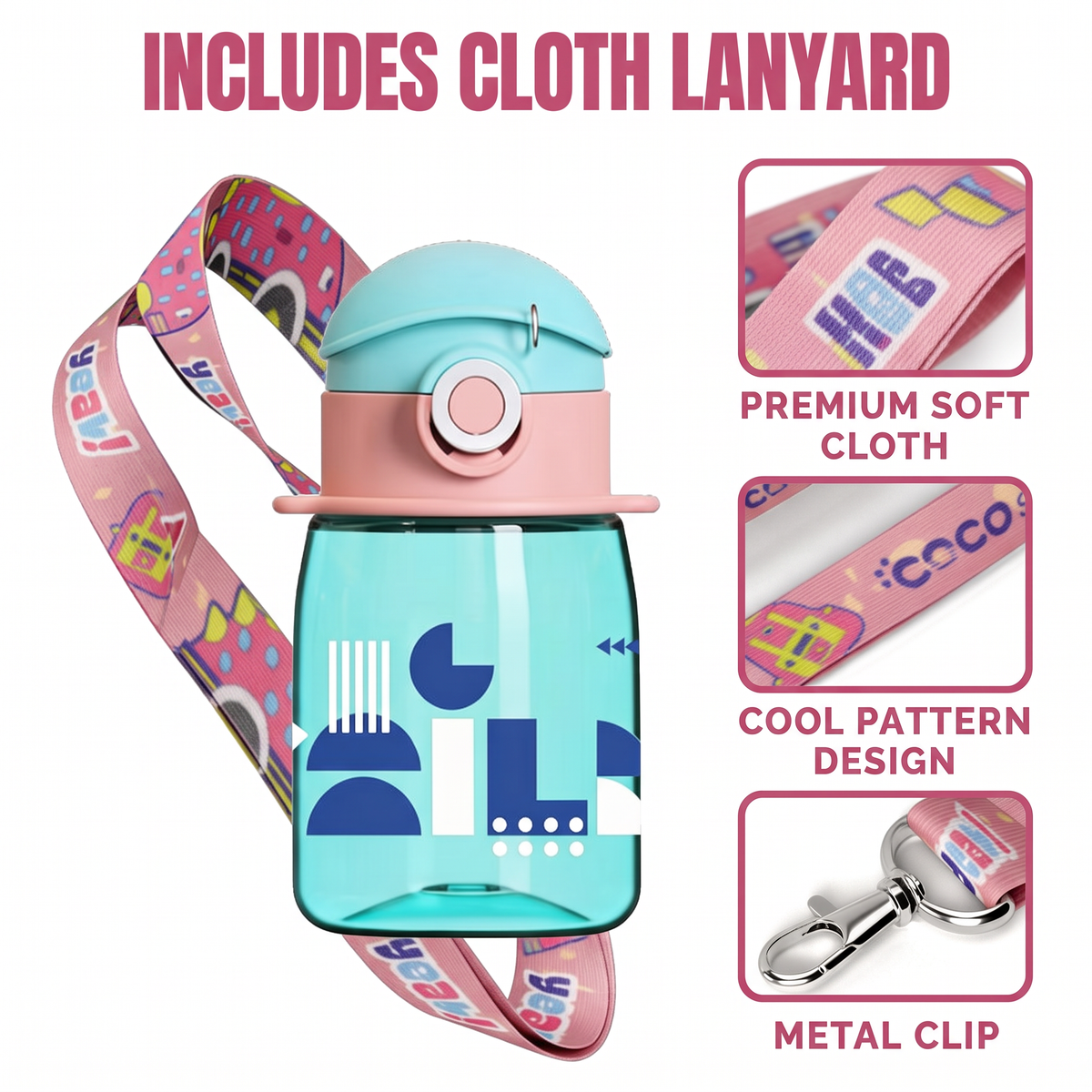 Cocosmile Coco Cap Exquisite 15 oz kids water bottle with soft patterned cloth lanyard and metal clip