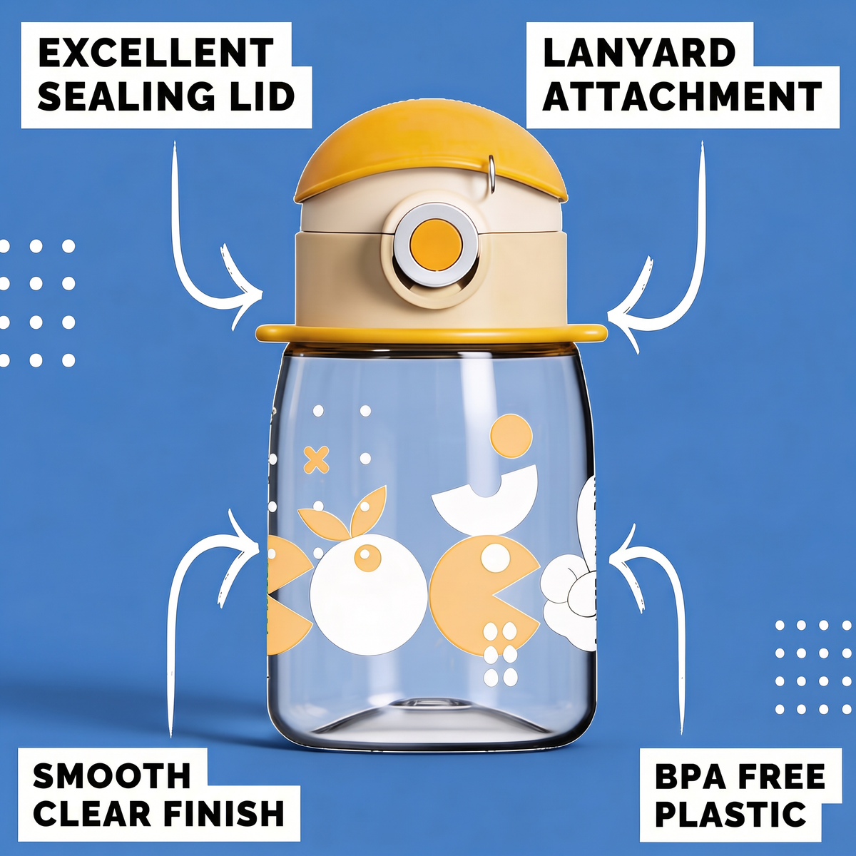 Cocosmile Coco Cap Exquisite 15 oz kids water bottle with spill-proof sealing lid, lanyard attachment, clear finish and BPA-free plastic