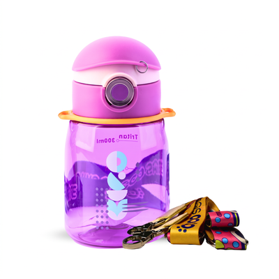 Purple Cocosmile Coco Cap Exquisite kids water bottle with spill-proof straw lid and detachable lanyard
