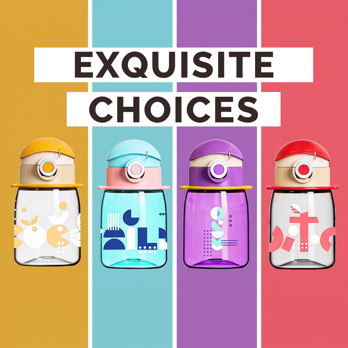 Cocosmile Coco Cap Exquisite 15 oz kids water bottles shown in yellow, blue, purple and red color options