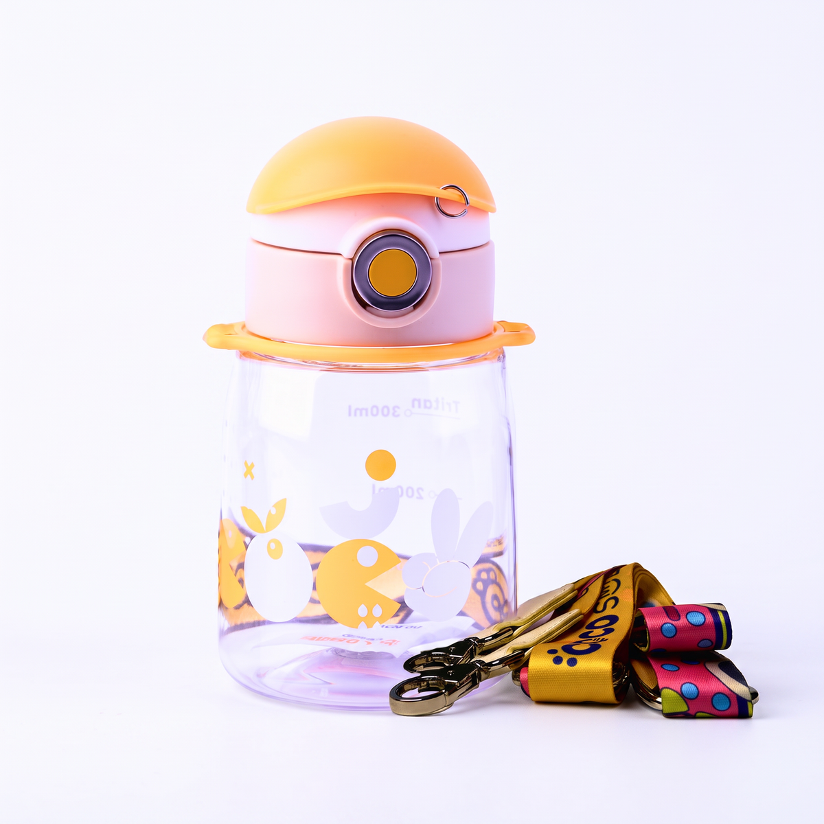 A clear plastic water bottle with a yellow lid, decorated with a yellow bunny and white flower pattern. It is shown with a colorful patterned strap and metal keychain on a clean white background.