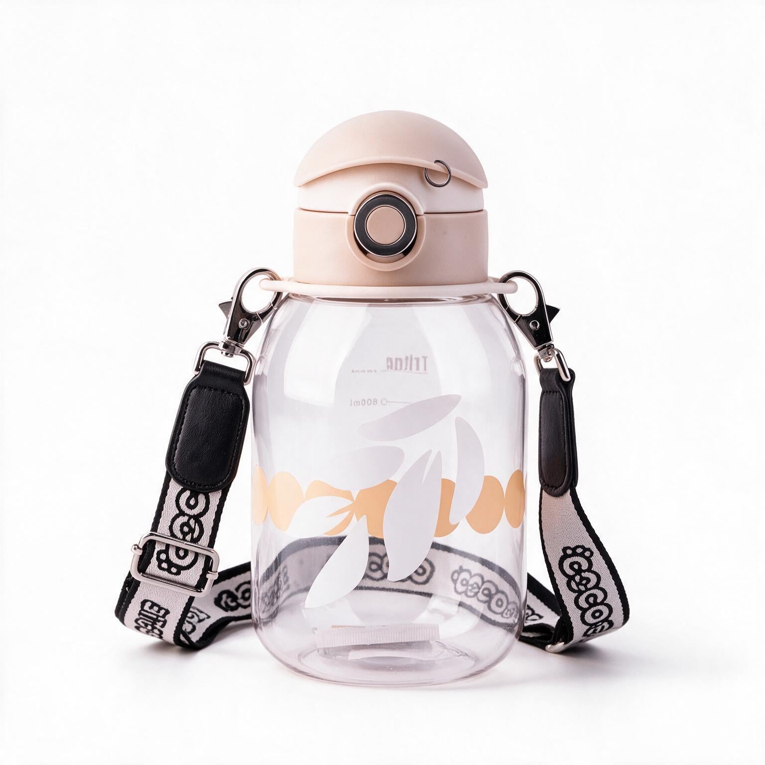 A clear plastic water bottle with a beige flip-top lid, a black-and-white patterned shoulder strap, and a white floral graphic on the front, shown on a white background.