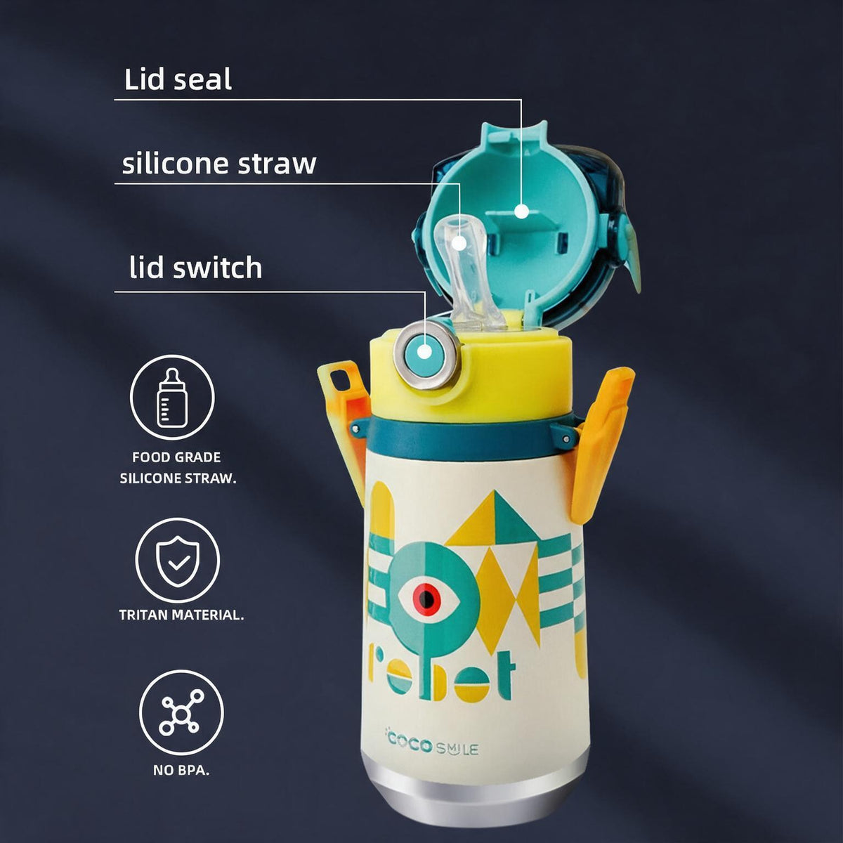 Cocosmile robot thermos cup showing 500 mL capacity, 19 x 8 cm size and four color options