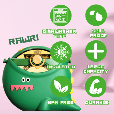 Green Dino-Rific dinosaur kids water bottle with insulated sleeve and spill-proof design