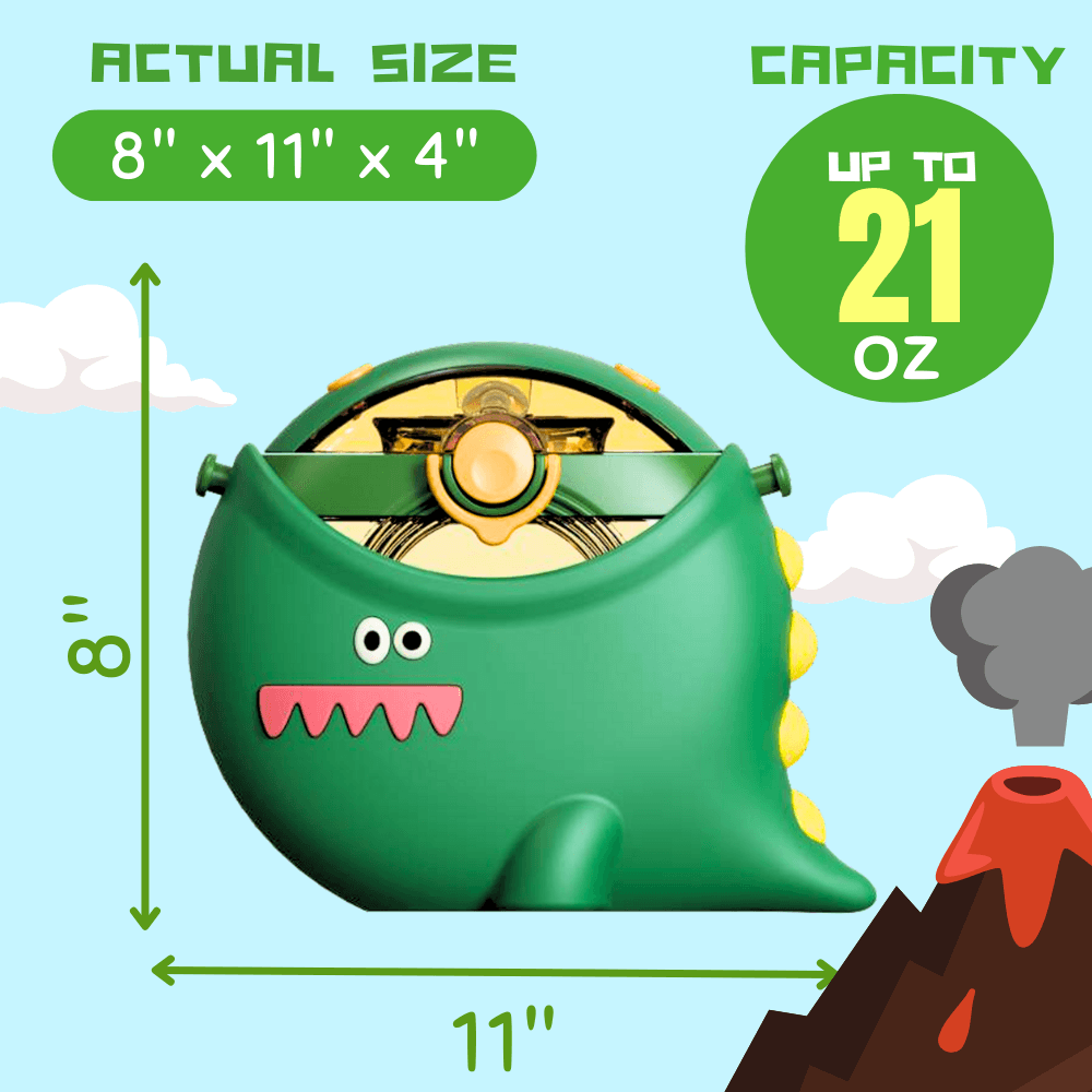Green Dino-Rific dinosaur water bottle showing 21.3 oz capacity and approximate dimensions