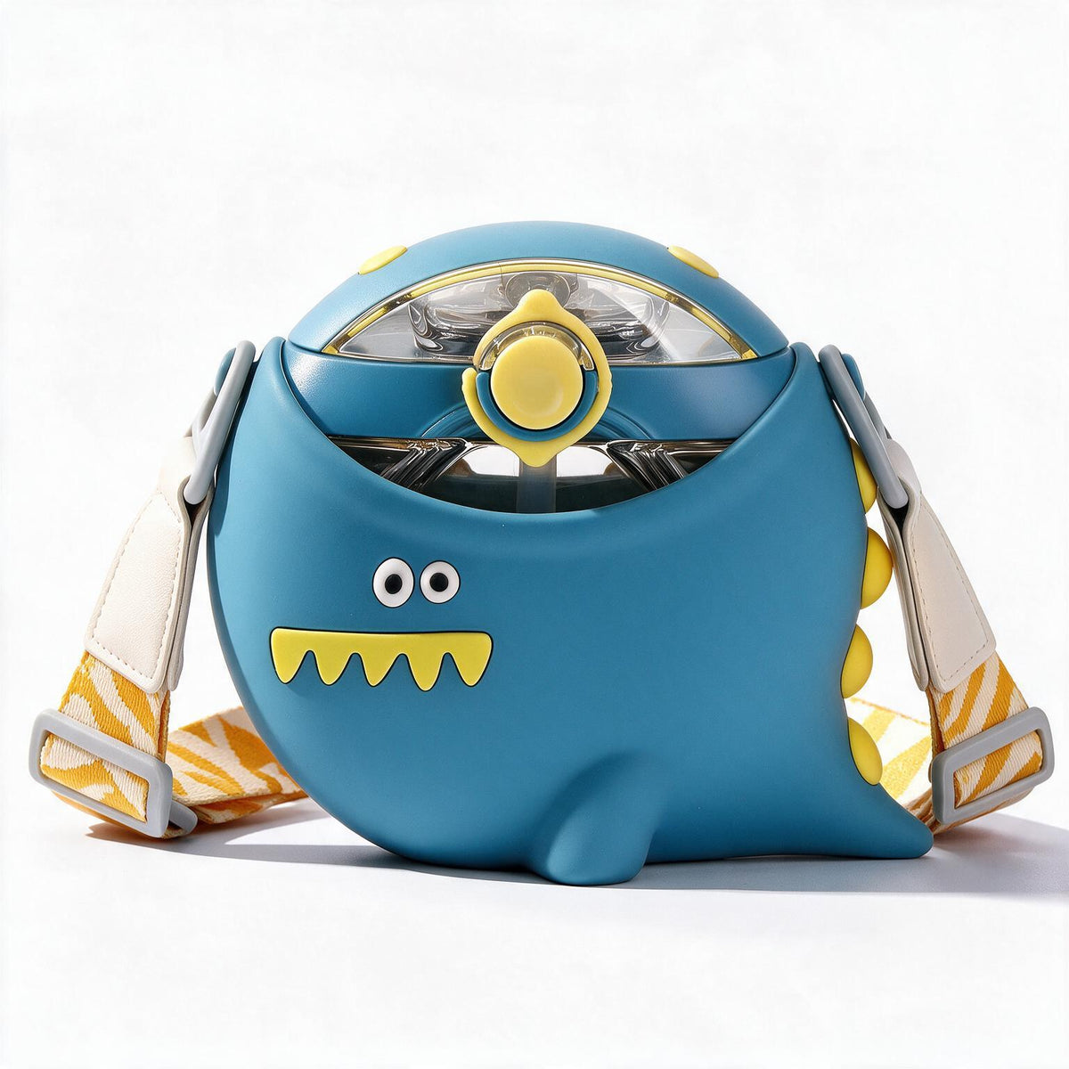 Blue Dino-Rific kids water bottle with soft cloth lanyard and plastic clip
