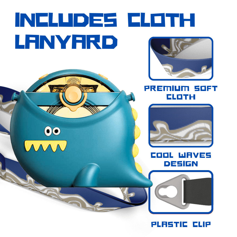 Blue Dino-Rific kids water bottle with soft cloth lanyard and plastic clip