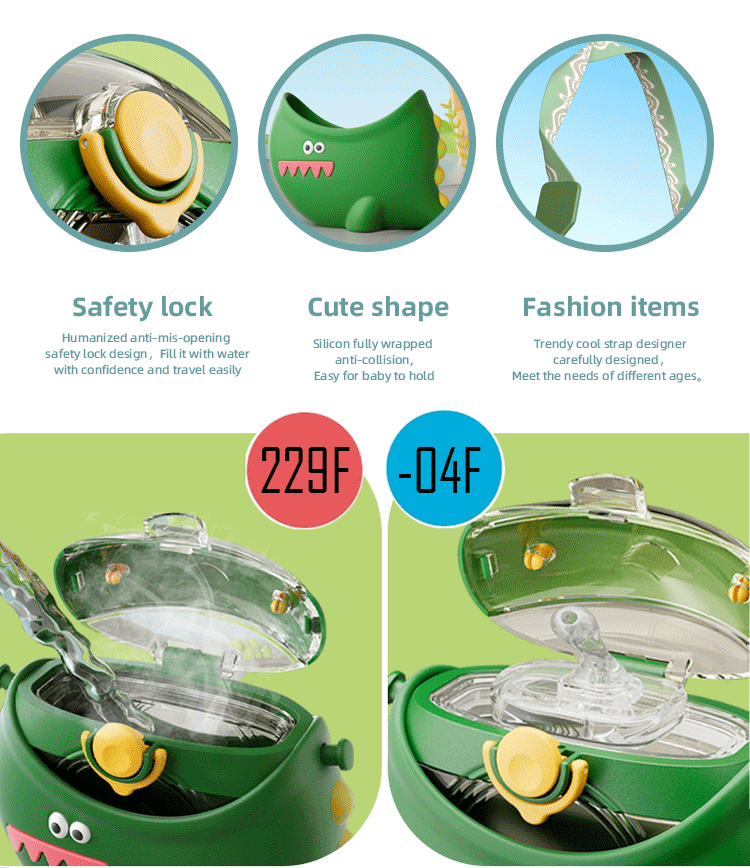 Green Dino-Rific dinosaur kids water bottle showing safety lock and character design