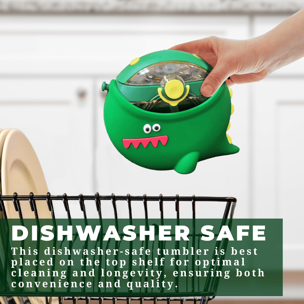 Green Dino-Rific dinosaur water bottle being placed on the top rack of a dishwasher