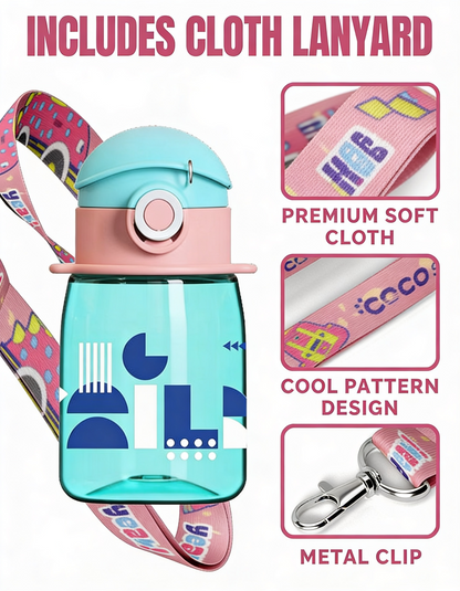 Coco Cap Exquisite Kids Water Bottle (15 oz) – Spill-Proof Straw Bottle with Lanyard, BPA-Free, Dishwasher Safe, Push-Open Lock Lid