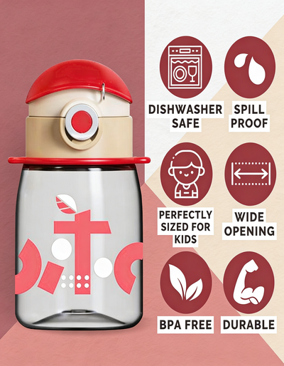 Coco Cap Exquisite Kids Water Bottle (15 oz) – Spill-Proof Straw Bottle with Lanyard, BPA-Free, Dishwasher Safe, Push-Open Lock Lid