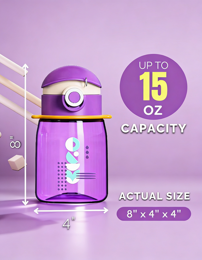 Coco Cap Exquisite Kids Water Bottle (15 oz) – Spill-Proof Straw Bottle with Lanyard, BPA-Free, Dishwasher Safe, Push-Open Lock Lid