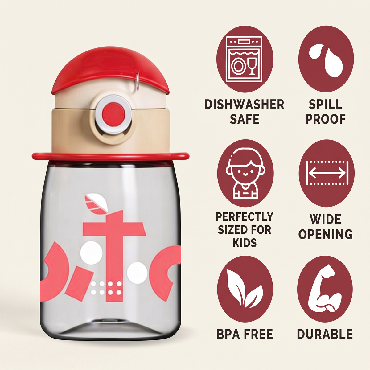 Cocosmile Coco Cap Exquisite Kids Water Bottle (15 oz) – Spill-Proof Straw Bottle with Lanyard, BPA-Free, Dishwasher Safe, Push-Open Lock Lid